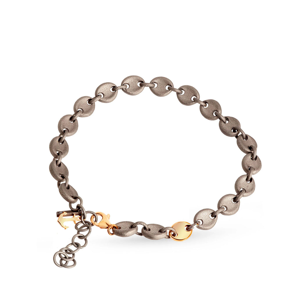 BRACCIALE CON MAGLIE IN TITANIO, UNA MAGLIA ED ANCORA IN ORO ROSA 9KT MINBRTMARINE