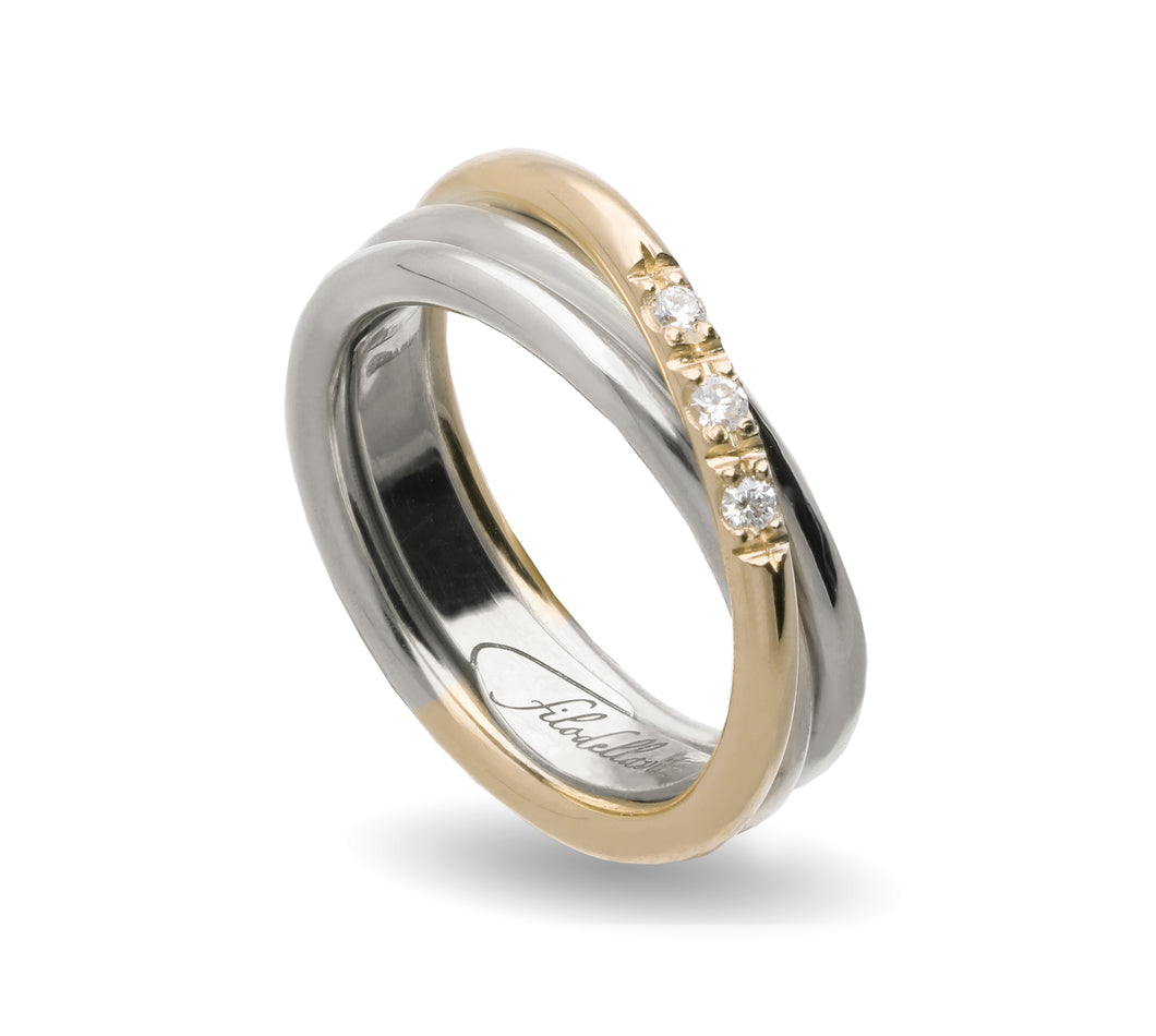 Anello Filodellavita 3 Fili spesso in Argento, Oro Giallo e 3 Diamanti Bianchi AN322AG-3BT