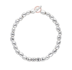 Bracciale con sassolini lisci in Argento 925 e chiusura in Oro Rosa 9kt e scritta love